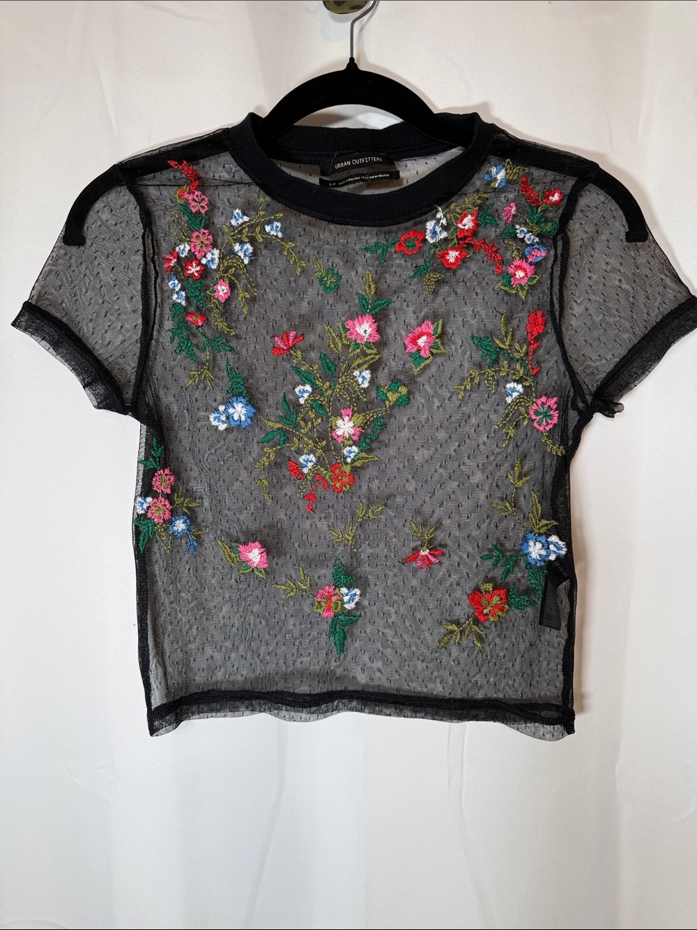 Urban Outfitters Black Sheer Mesh Top with Multicolor Floral Embroidery